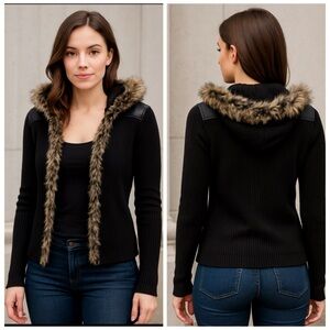 Boston Proper Black Faux Fur Trim Hooded Ribbed Cardigan Sweater M